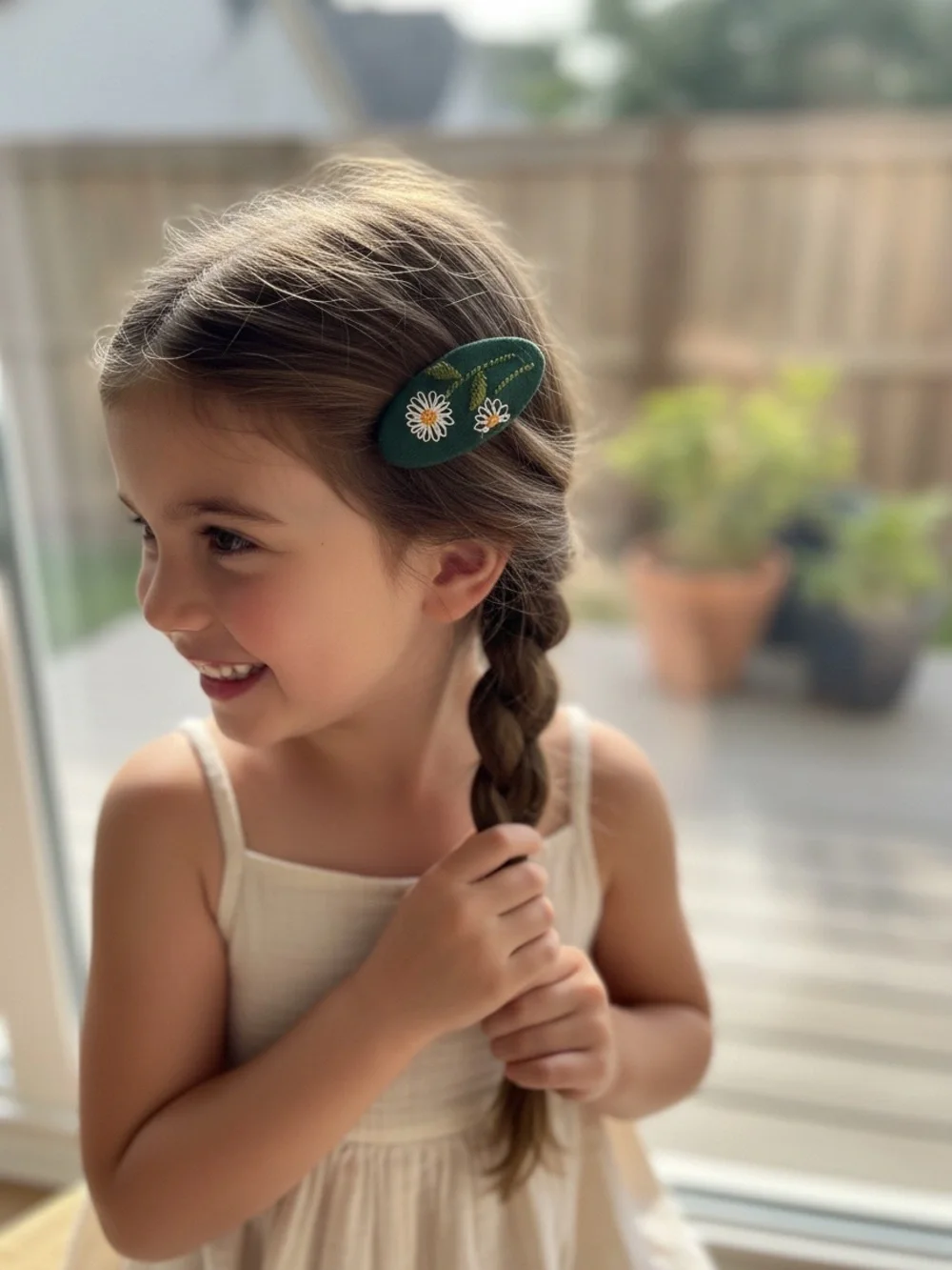 Embroidered Daisy Hair Clip | Forest Green Floral Snap Barrette